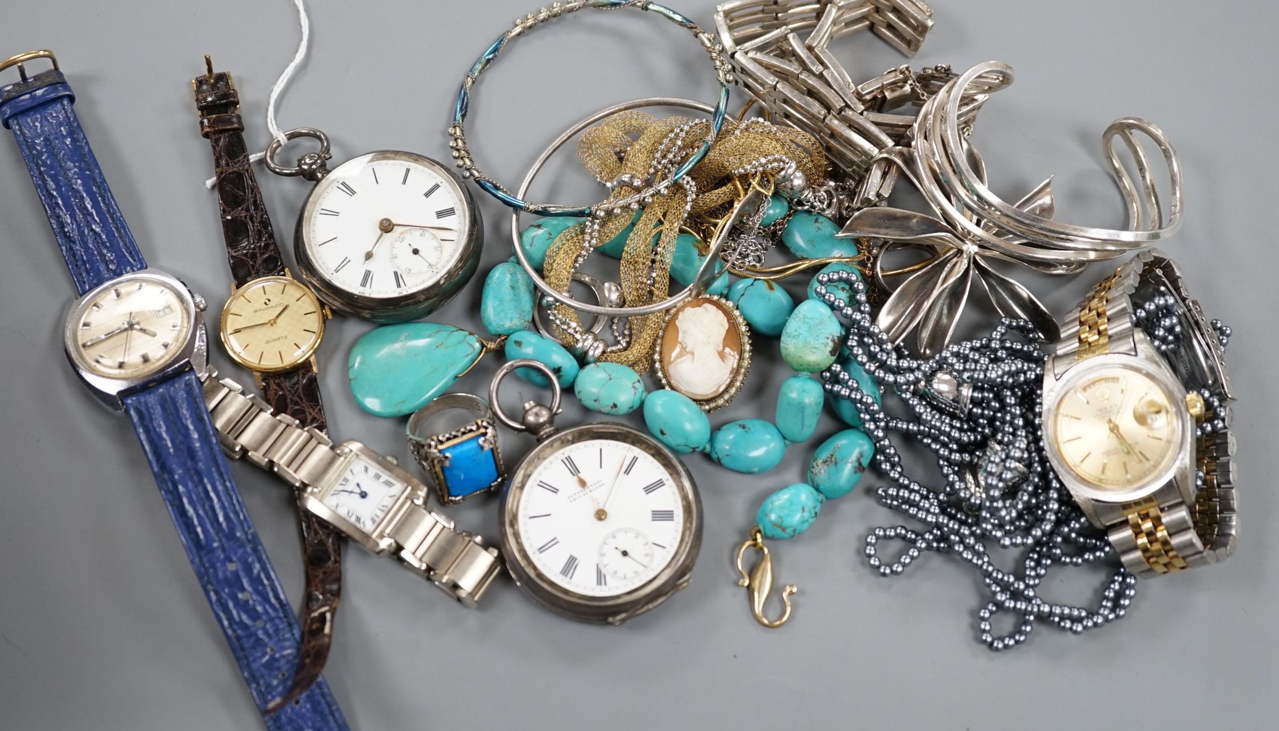 A small quantity of assorted costume jewellery, two silver pocket watches and assorted wrist watches including Timex.